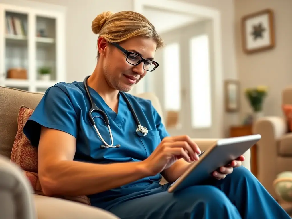 A healthcare professional using a VisiTrack mobile form on a tablet to record patient data during a home visit.