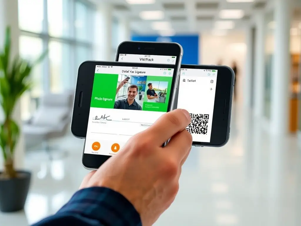 An image depicting data being captured on a mobile device using VisiTrack, showcasing features like digital signatures, photo capture, and barcode scanning.