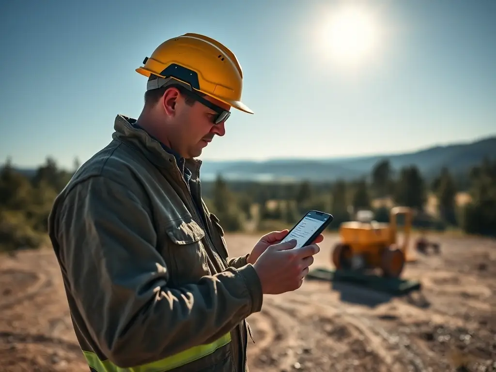 A landscape photo showing a field technician using a VisiTrack mobile form on a smartphone to record maintenance data for a remote piece of equipment. The technician is working in an outdoor environment, highlighting the offline capabilities of the solution.