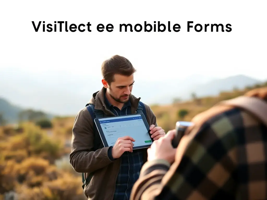 A person using a tablet in a field environment, filling out a digital form with a clear and intuitive interface, showcasing the ease of use of VisiTrack's mobile forms.