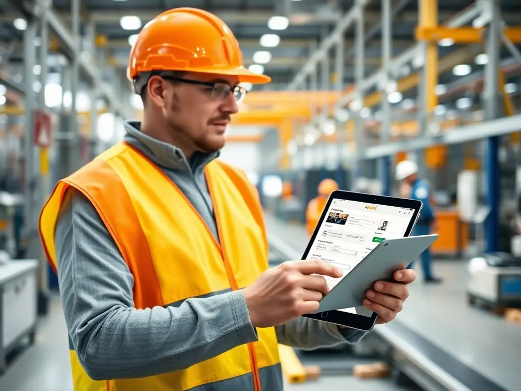 An image depicting an inspector using a VisiTrack mobile form on a tablet to conduct a quality control check in a manufacturing plant. The form includes fields for capturing photos of defects, digital signatures, and GPS location.