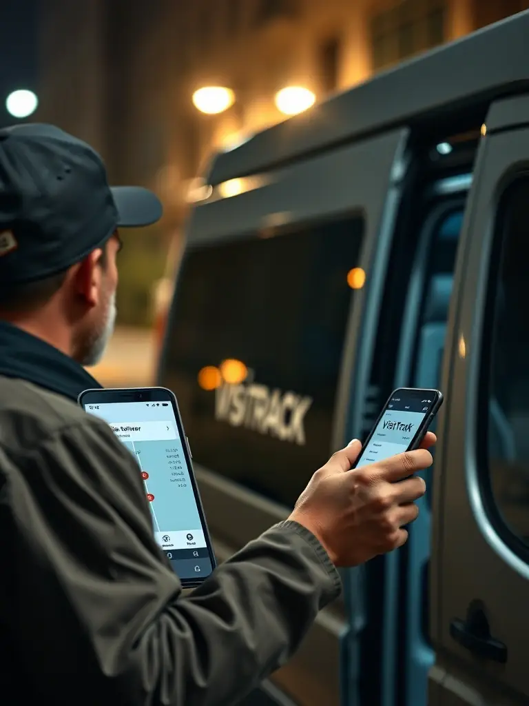 A delivery driver using a VisiTrack mobile form on a smartphone, with GPS coordinates displayed on the screen.