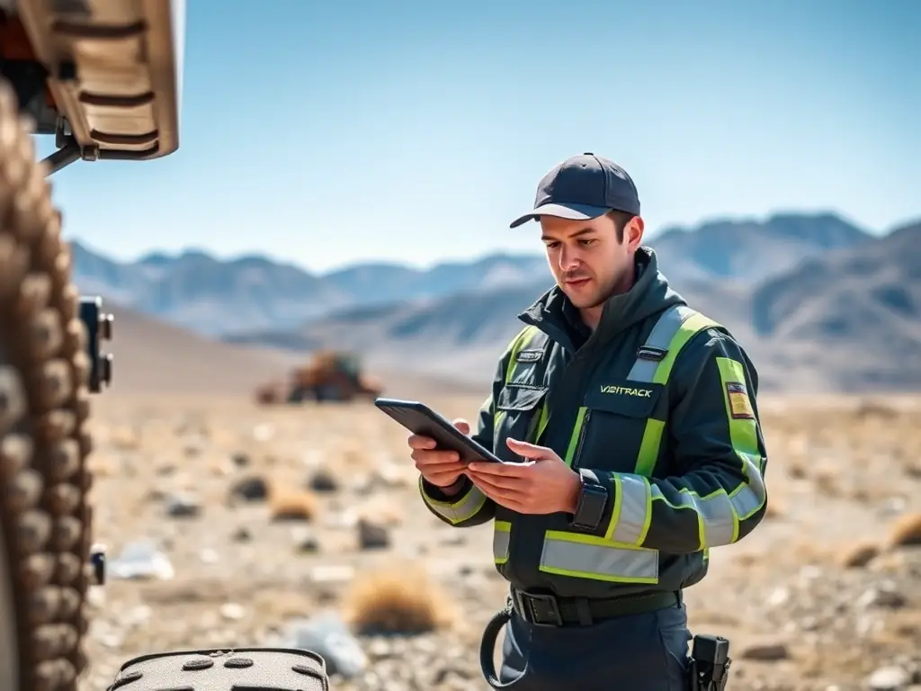 A field technician using a VisiTrack mobile form on a smartphone to record maintenance data for a piece of equipment in a remote location.