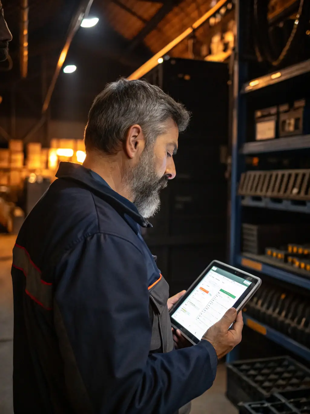 A maintenance worker using a tablet to complete a maintenance checklist, showcasing VisiTrack's application in maintenance and repair operations.