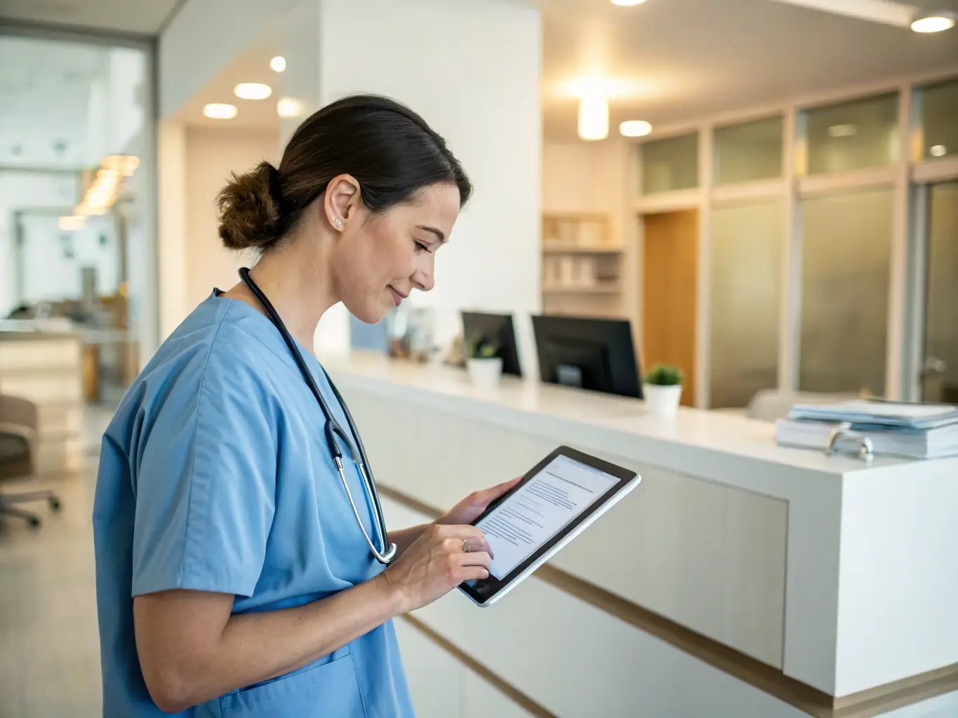 A person in a healthcare setting using a VisiTrack mobile form on a tablet to record patient data, with a focus on the ease of use and efficiency of the digital form.