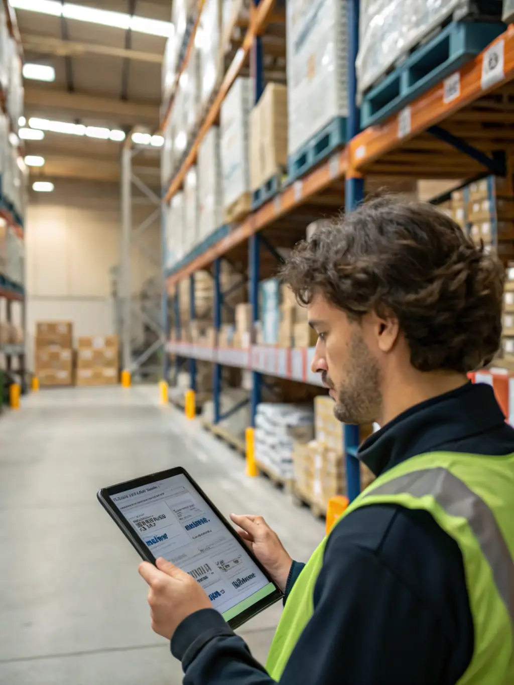 A person using a VisiTrack mobile form on a tablet in a warehouse setting, scanning a barcode on a package.