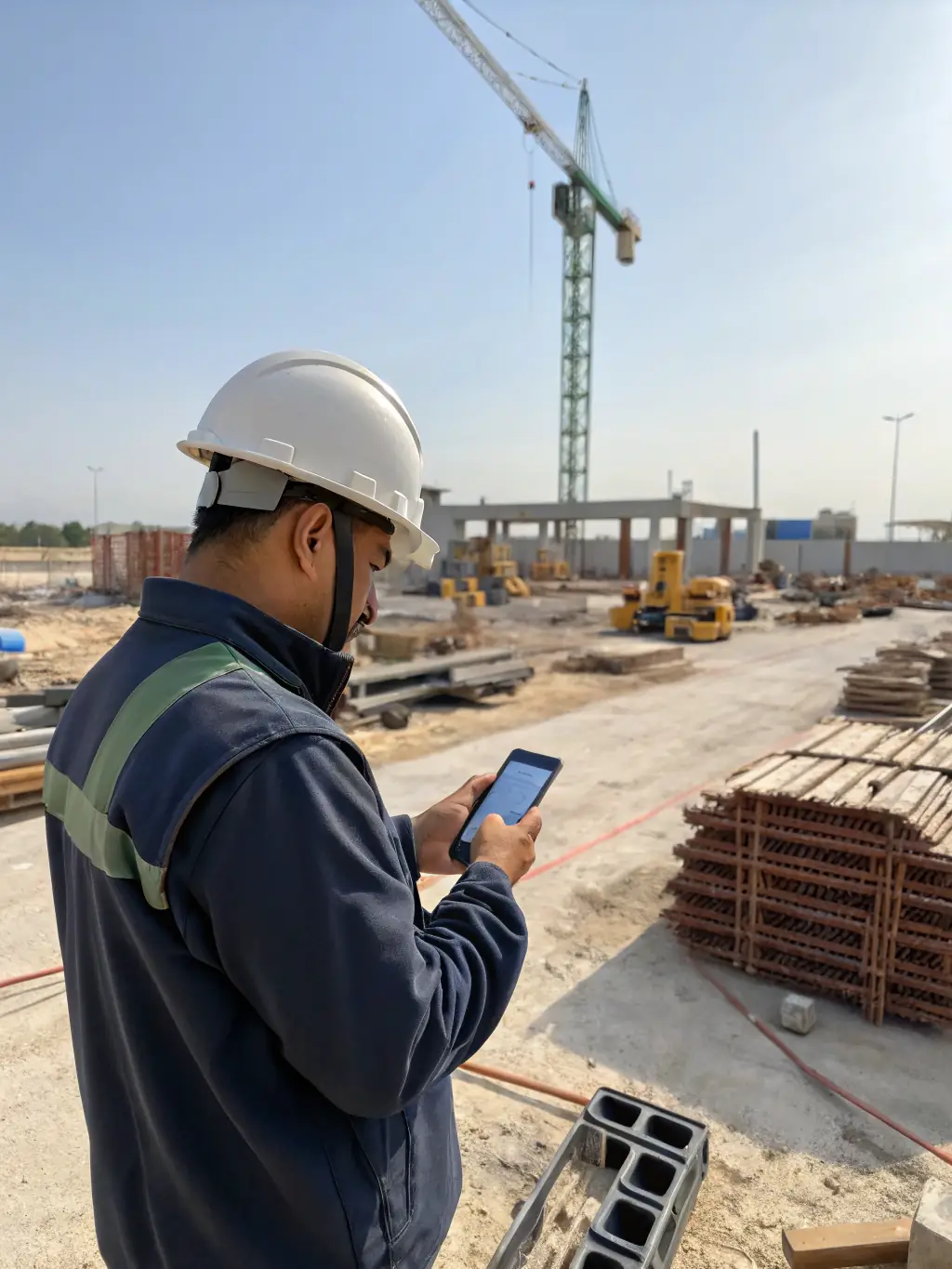 A construction worker using a VisiTrack mobile form on a smartphone to capture a digital signature on-site.