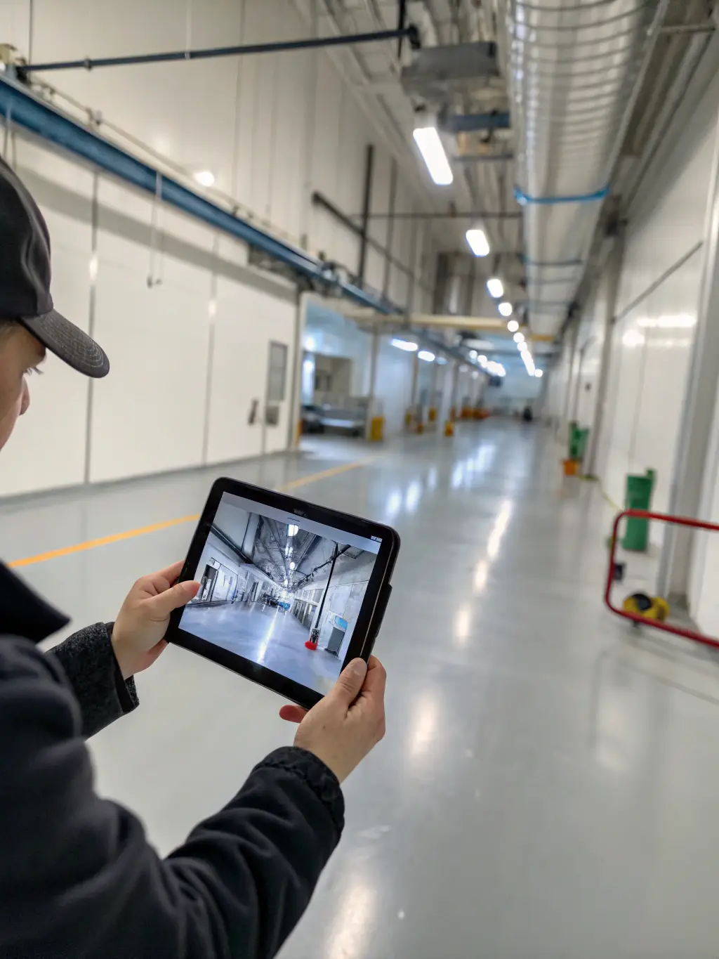 A field technician using a VisiTrack mobile form on a tablet to take a photo of equipment during an inspection.