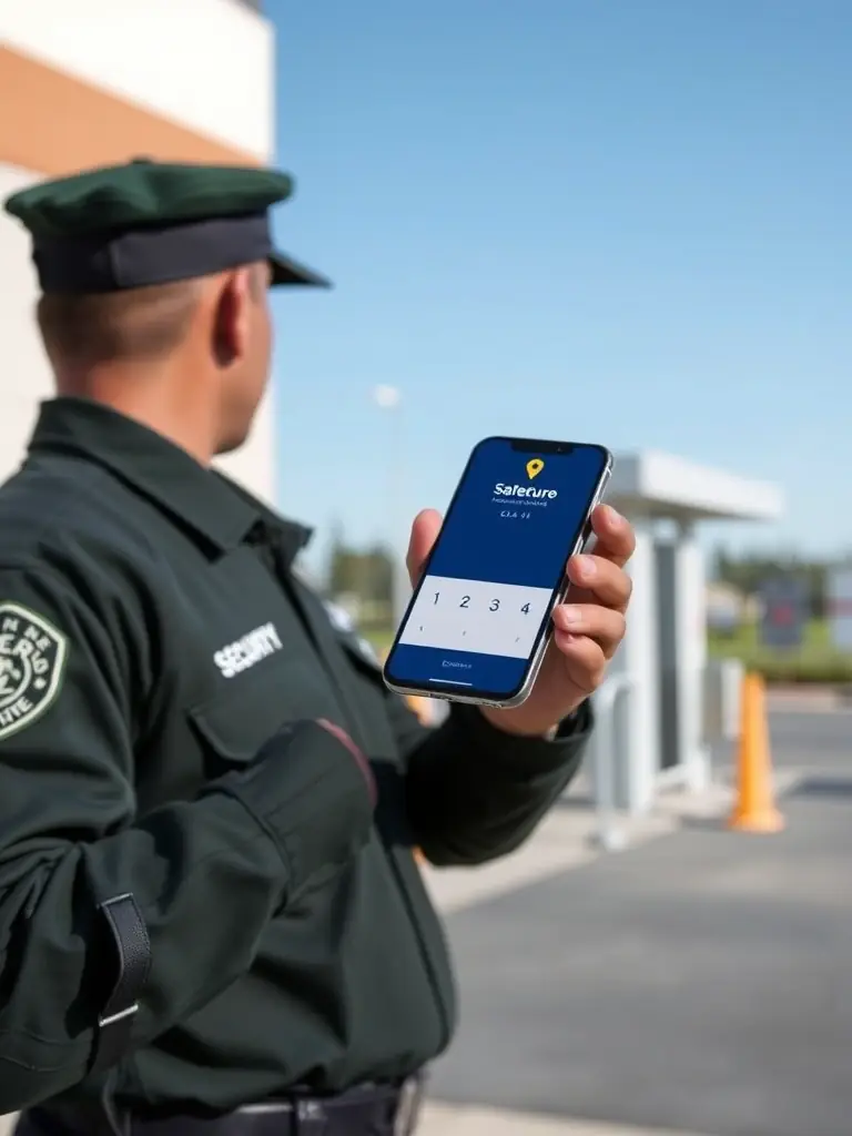 A security guard using a mobile app to report an incident with photo evidence, demonstrating VisiTrack's role in security incident management.