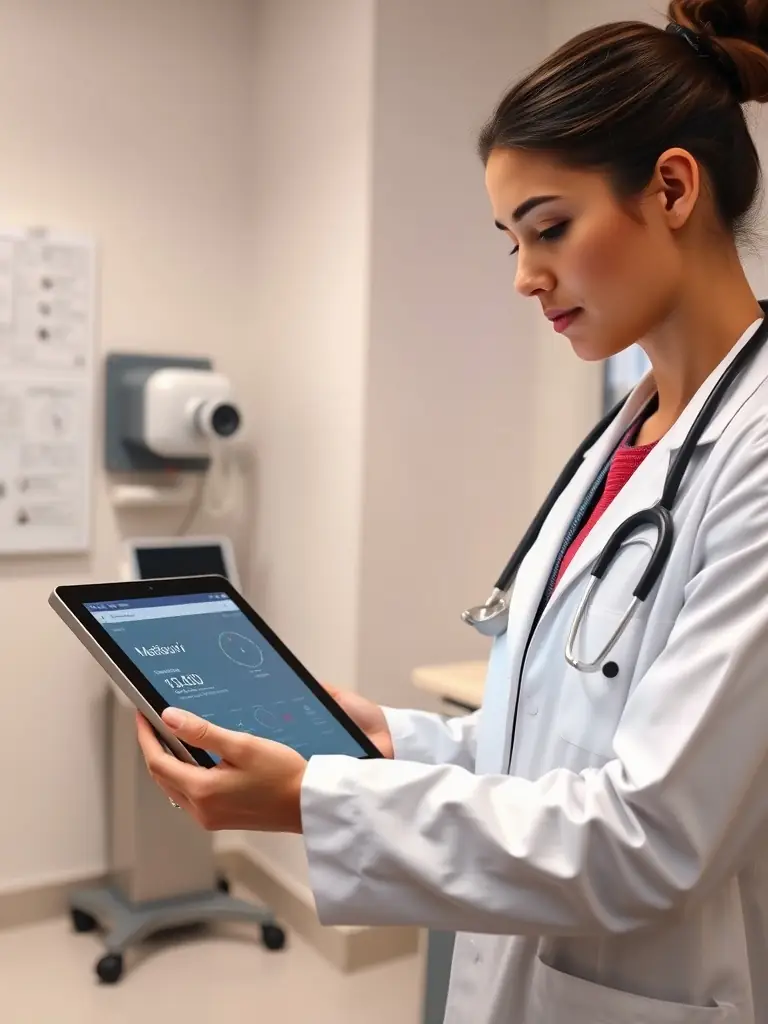 A doctor using a tablet to fill out a patient form in a modern hospital setting, showcasing VisiTrack's application in healthcare for efficient data capture.