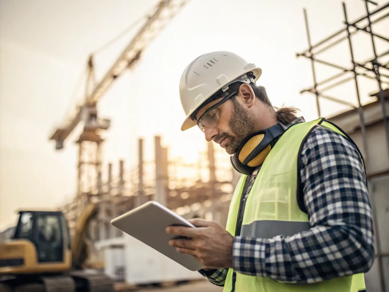 A close-up shot of a construction worker using a VisiTrack mobile form on a tablet at a construction site. The worker is capturing data related to a safety inspection, showcasing the ruggedness and practicality of the solution in demanding environments.