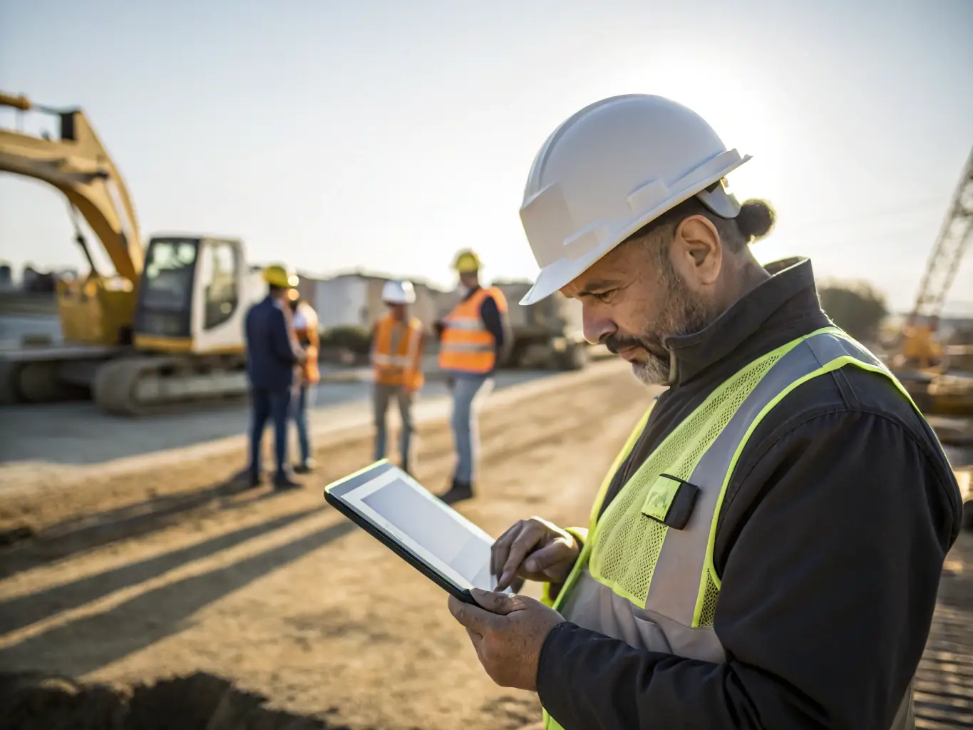A construction site worker using a VisiTrack mobile form on a tablet to record inspection data, with a partially constructed building in the background.
