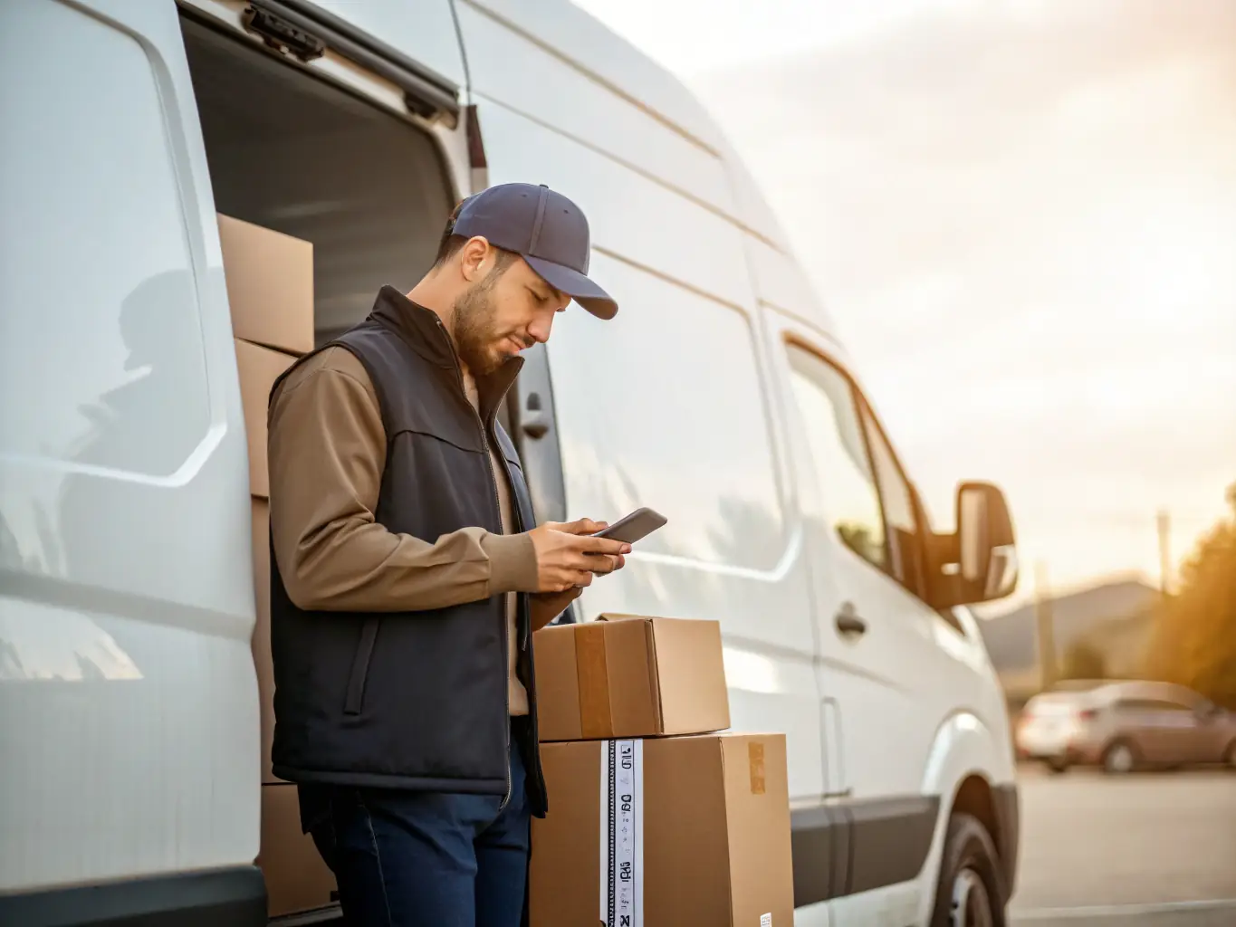 A delivery driver using a VisiTrack mobile app on their smartphone to record delivery details and capture a digital signature, highlighting the real-time data capture capabilities.